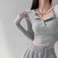 Womens Long Sleeve T Shirts Button V Neck Solid Color Ladies Slim Fit Fashion T-Shirt Women's Casual Basic Cropped Tops.