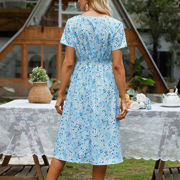 High%20Quality%20Luxury%20Design%20Dress%202024%20Elegant%20Waist%20Cinching%20V-neck%20Printed%20Elastic%20Waist%20Maxi%20%20Dress%20Women%20Clothing%20Vestido%20-%20Image%203