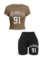Women Slim Crop T-Shirts & Shorts Two Pieces Set Brooklyn New York City Art Letter Prints Tops Fashion Modal Cotton Soft Clothes.