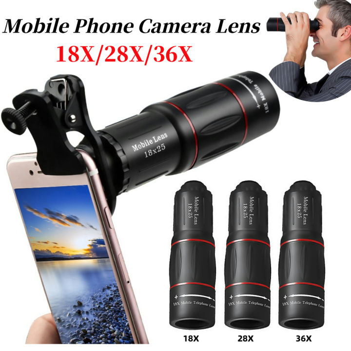 18/28/36X Mobile Phone Camera Lens Clip-On Zoom Monocular Telescope Phone Camera Telephoto Lens for Camping Hunting Sports