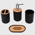 4-piece black bathroom accessories set, plastic toothbrush holder with bamboo cover, toothbrush cup, lotion dispenser, soap box. 