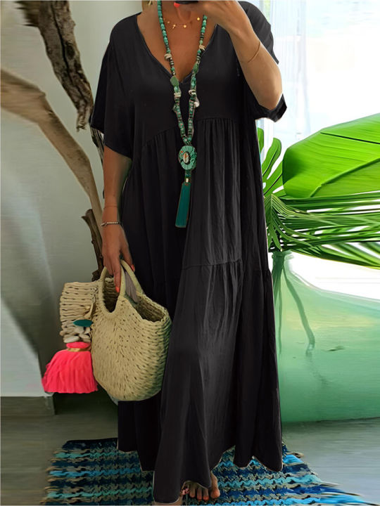 plus Size Women's Casual Loose V-Neck Long Dress Solid Pleated Big Size Spring Summer Comfortable Fit Maxi Dress