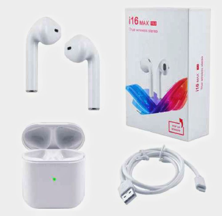 i16 Max Wireless Earbuds Touch Sensor Sport Stereo Bluetooth Airpods with Battery Capacity 600 mAh & 3 Hours Battery Timing