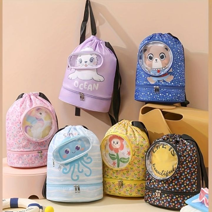 Drawstring Gym Bag for Kids Waterproof Drawstring Backpack Swim Bag with Compartment Pull String Sport Bag for Wet Swimming