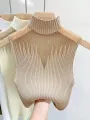 Mesh Knitted Top Women Y2K Tank Top Half Neck Vest Female Sleeveless Sweater Chic Cut Out Streetwear Solid Skinny White Tube Top. 