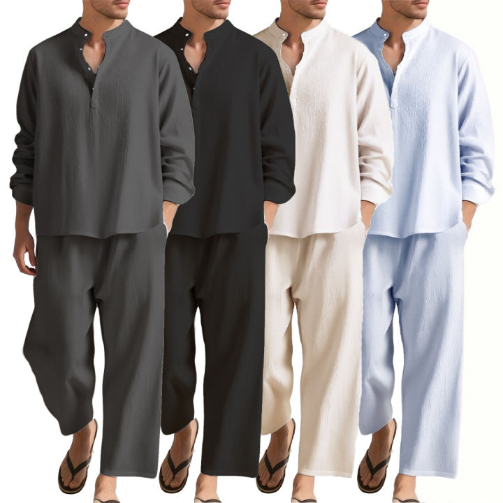 Men's Long Sleeve Shirt and Pants Suits Men Beach Wear Tracksuit Solid Color Shirts Sweatpants Hawaiian Vacation Men's Clothing