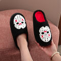 A Pair of Black Halloween Horror Mask Skull Pattern Embroidered Plush Home Thick-Soled Comfortable Slippers, Personalized Warm Non-Slip Indoor Slippers, Autumn and Winter , Suitable for Both Men and Women.