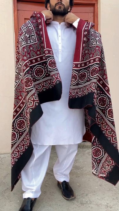 Pure Cotton Sindhi Ajrak Shawl For Men Black - Maroon - Blue