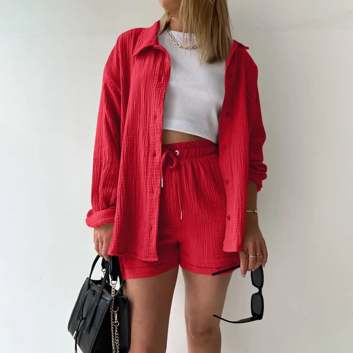 Summer%20Cotton%20Linen%20High%20Waist%20Shirt%20Shorts%20Women%20Turn%20Down%20Collar%20Long%20Sleeve%20Tops%20and%20Shorts%20Suit%20Cotton%20Casual%20Two%20Piece%20Sets%20-%20Image%203