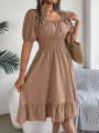 Spring Summer Elegant High Waisted Dress Square Neck Short Sleeved Ruffled Edge Long Dresses 2026 Valentine's Day Woman Clothing.