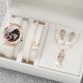 4pcs/set Women's Shiny Rhinestone Quartz Watch Analog PU Leather Wrist Watch  Faux Pearl Jewelry Set Girls Gift（Without Box）. 