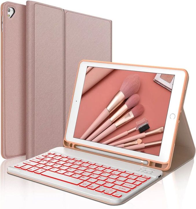 D DINGRICH iPad Keyboard Case for 6th Generation(2018) 9.7-inch, 5th Gen(2017), Air 2, iPad Pro 9.7, Protective Case with Pencil Holder, Backlit Detachable Keyboard, Auto Sleep/Wake, Pink