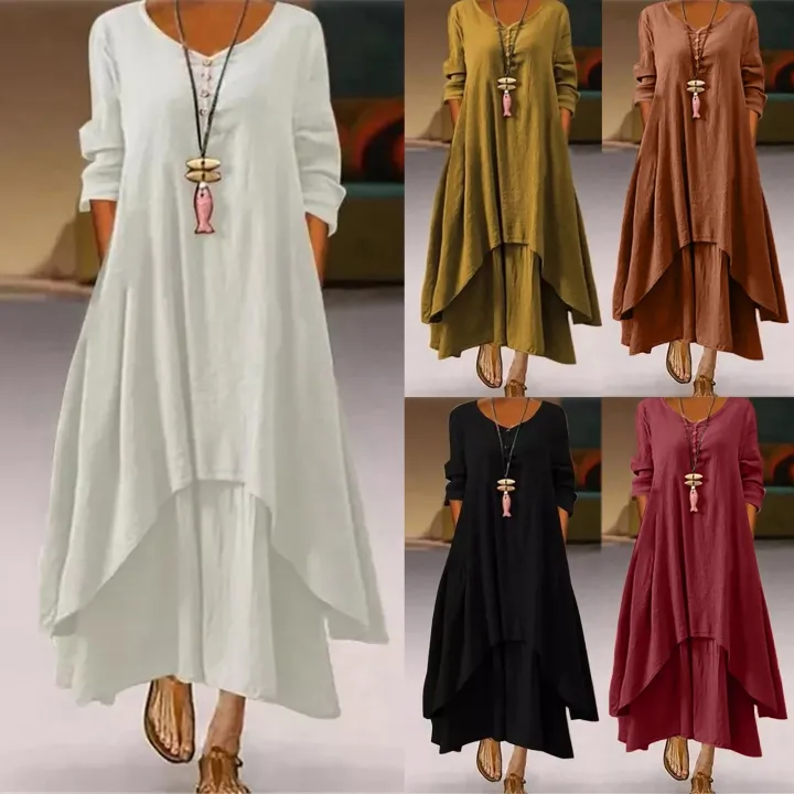 Cotton%20Women'S%20Casual%20Fashion%20Loose%20Long%20Dress%20With%20Button%20Solid%20Color%20Dresses%20-%20Image%202