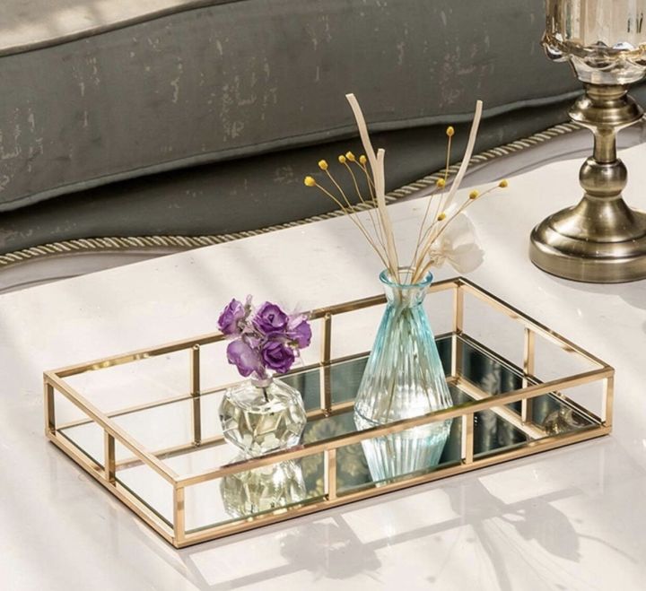 Vanity Organizer Tray with Polished metal Gold marble cover
