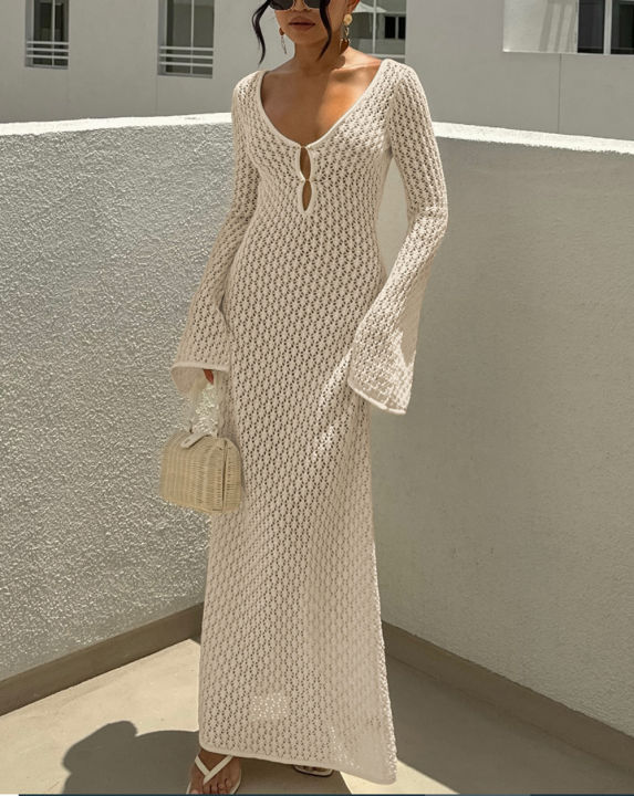 New Style Knitting Hollow Out V-Neck Long Sleeve Dress Ladies Beach Holiday Backless Bikini Cover-Ups Sunscreen Long Dress