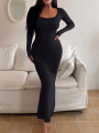 Women's Solid Long Sleeve Bodycon Dress, Chic Basic Minimalist Causual Fashion Scoop Neck Long Dress, Womenswear. 