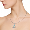 Blue Fire Opal Star of David Pendant Necklace,White K Plated Jewish Jewelry,Unisex Judaica ,Healing Crystal Choker  for. 