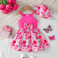 2Pcs Summer Baby girl Dress Maple leaves Bow Dress+Hat Set 0-3 Year Old Baby Girl Summer Beach Vacation Casual Dress. 