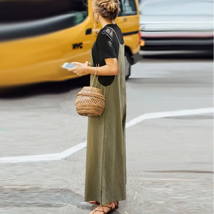 Women's%20Summer%20Sleeveless%20Jumpsuit%20Solid%20Color%20Wide%20Leg%20Bib%20Overalls%20Casual%20Loose%20Cotton%20Linen%20Straps%20Dungaree%20-%20Image%203