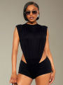 Nibber Stretch Coquette Women 2 Piece Set hipster Ruched Shoulder Side Split Bodysuit+Shorts Matching Midnight Clubwear.