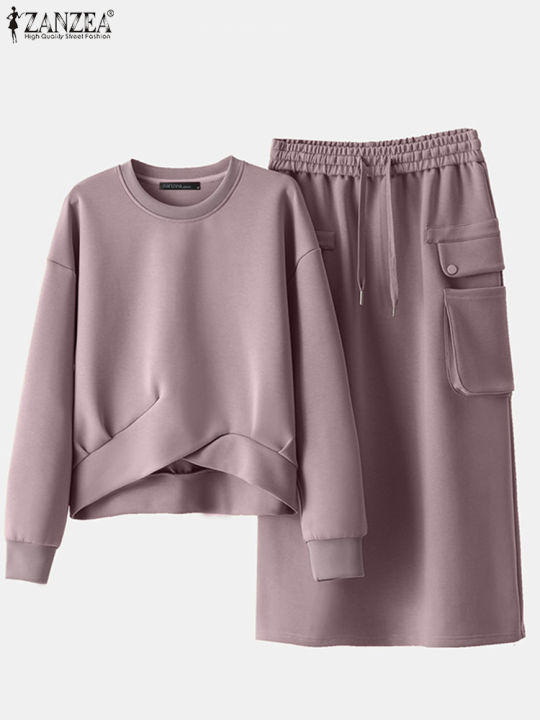 ZANZEA Plus Size Womens Fashion 2 Pieces Sets Long Sleeve Knotted Hem Sweatshirts and Midi Skirts 2pcs Outfits Casual Skirt Sets