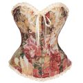 Women Overbust Corset Vintage Floral Tapestry Halloween Costume Sweetheart Front Busk Ruffle Back Lace Up Boned Waist Cincher. 