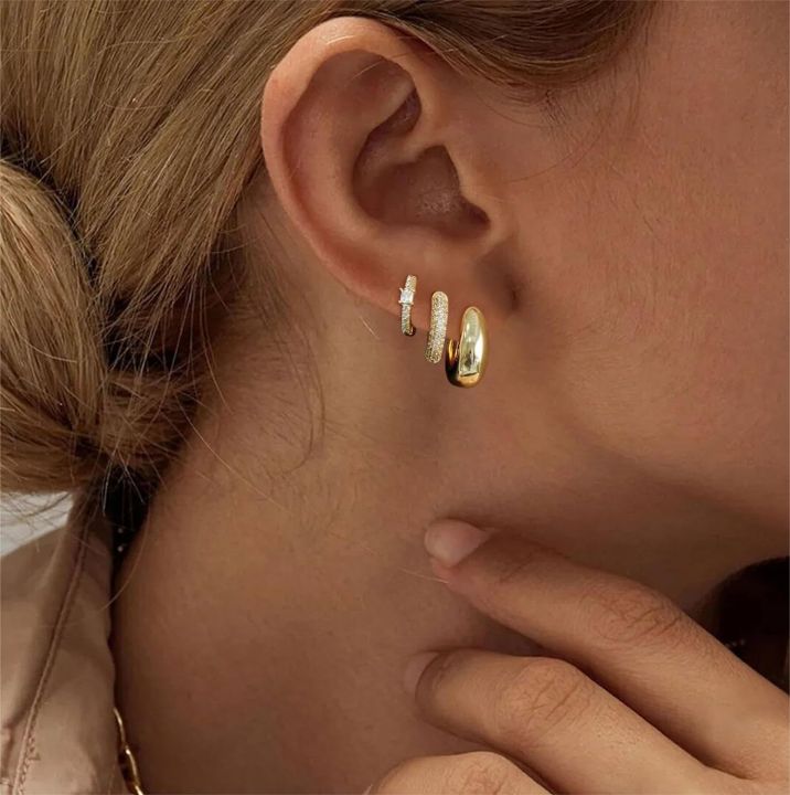 3 Pairs Small Gold Hoop Earrings Set for Women, 14K Gold Plated Huggie Hoop Earrings for Multiple Piercing Dainty Hoop Earrings
