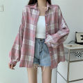 Checkered Shirt Woman Oversized Long Sleeve Collared Button Up Plaid Shirt Jacket Teen-girl Casual Daily Outfit. 