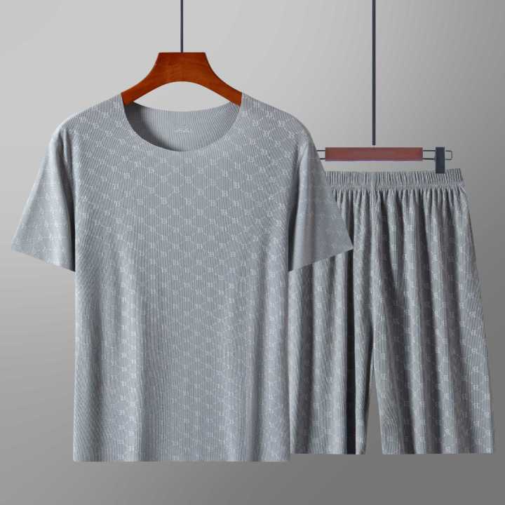 Men's Hot Selling Summer Printed Ice Silk Home Suit Set, Tencel Casual Silk Smooth and Cool Sleepwear Short Sleeved Shorts Set