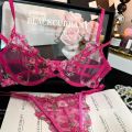 Women's French Embroidered Lace Set Sensual Mesh Bra Set & Brief Soft Underwire Unpadded Bralette Deep V Plunge Elegant Lingerie.