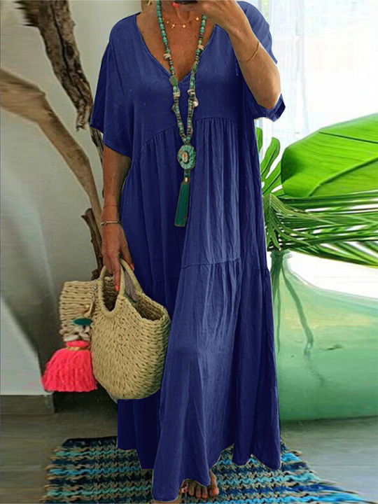 Plus%20Size%202025%20Summer%20New%20V-neck%20Short%20Sleeve%20Pleated%20Solid%20Colour%20Loose%20Casual%20Midi%20Dress%20Basic%20Hem%20Pleated%20-%20Image%204