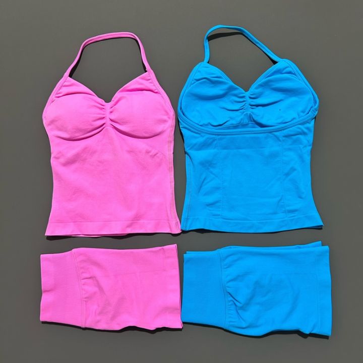 HISTELLO%202%20Pieces%20Sports%20Set%20Women%20Yoga%20Longline%20Strap%20Top%20Scrunch%20Seamless%20Shorts%20Sport%20Gym%20Set%20Sportswear%20Workout%20Fitness%20Set%20-%20Image%202