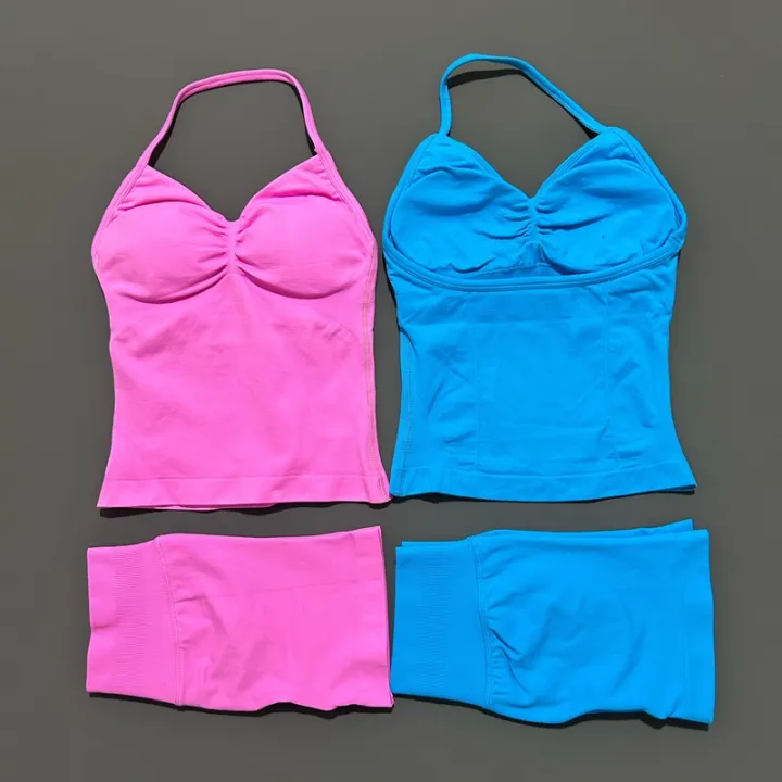 HISTELLO%202%20Pieces%20Sports%20Set%20Women%20Yoga%20Longline%20Strap%20Top%20Scrunch%20Seamless%20Shorts%20Sport%20Gym%20Set%20Sportswear%20Workout%20Fitness%20Set%20-%20Image%202