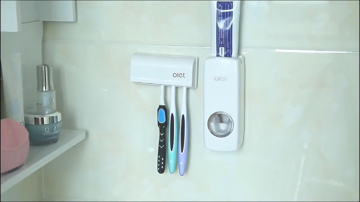 RAISA Automatic Toothpaste Dispenser and Brush Holder Set Wall Mountable Bathroom Organizer with Dust Proof Toothbrush Storage
