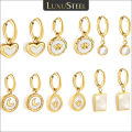LUXUSTEEL Stainless Steel Geometric White Shell Hoop Earrings For Women Heart Round Square Shape Bee Moon Crown Daily Jewelry. 