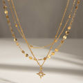 European American Style Stainless Steel Three Layer Necklace Rhinestone Four Pointed Star Pendant Simple Luxury Titanium Piece. 