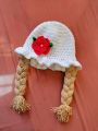 white cap red flower baby hair cap crochet long hair cap for kids. 