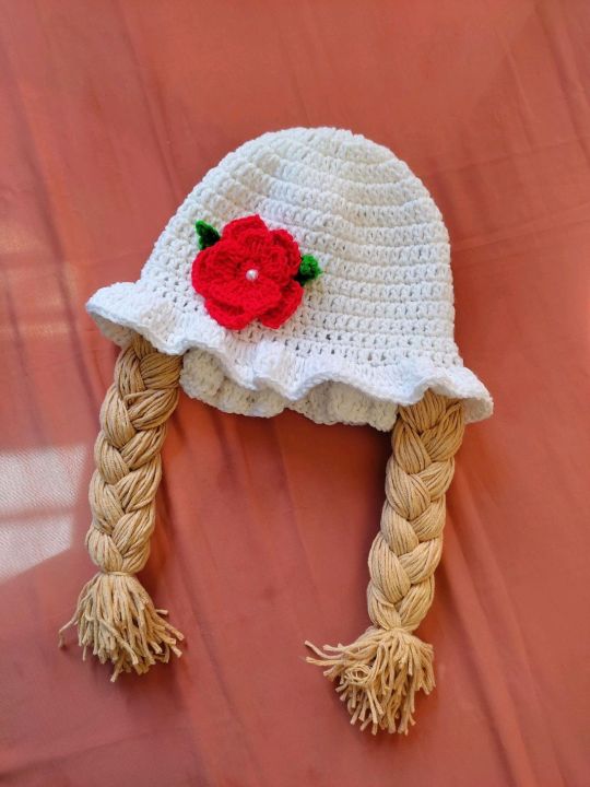 white cap red flower baby hair cap crochet long hair cap for kids