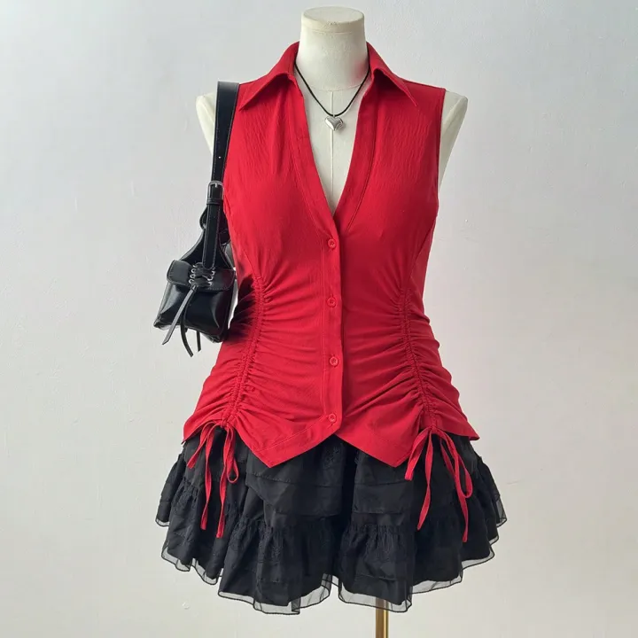 Plus%20Size%202025%20Summer%20New%20Women's%20Big%20Size%20Music%20Festival%20Tie%20Bow%20Slim%20Slim%20Sleeveless%20Shirt%20Polyester%20Material%20-%20Image%203