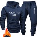 Men casual sportswear set Fashionable American-style letter printed fleece pullover and fitted sweatpants set highly versatile.