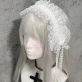 Gothic Lolita Lace Headband with Rose Flower Pearl Tassel Black White Frilled Headdress for Women Cosplay Party Hair Accessories.