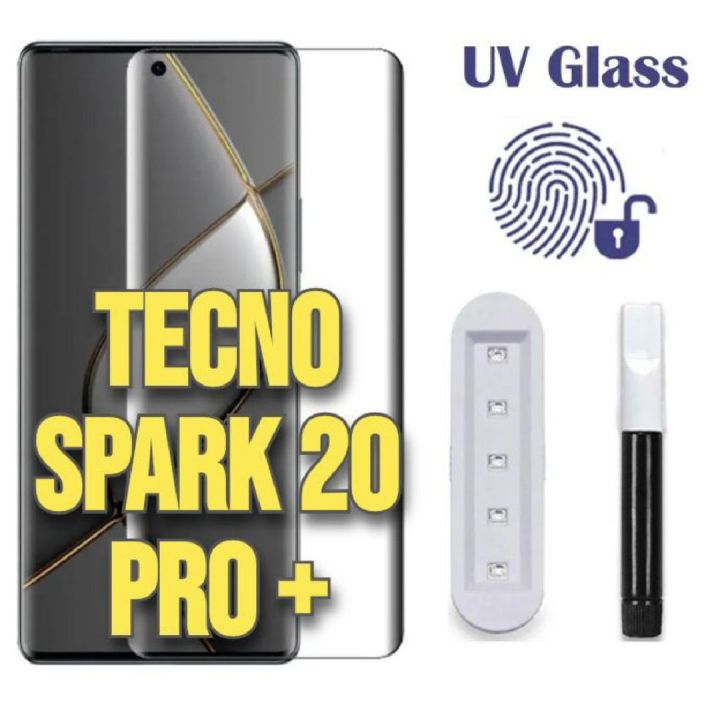 Tecno Spark 20 Pro UV Curved Tempered Glass Screen Protector with UV Light and Glue Premium Quality, 100% Protection, Smooth Surface, Easy Installation