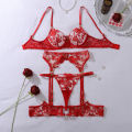 New red heavy industry rose embroidery slim fit perspective gathering gemstone decoration lingerie four piece set.