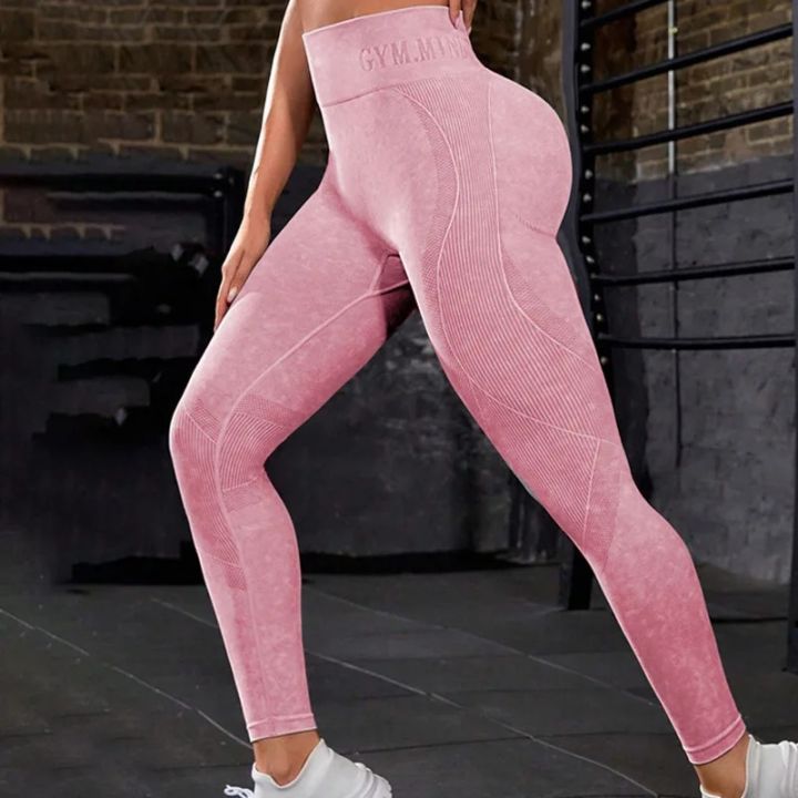 Women Seamless Gym High Waist Yoga Pants Hip Lifting Outdoor Sports Tight Waist Letter Sand Washed Pants Exercise Yoga Leggings