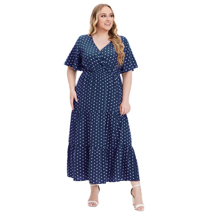 Plus%20Size%20New%20Arrival%20Fashional%20Polka%20Dot%20Print%20V%20Neck%20Short%20Sleeve%20Bohemian%20Casual%20Dresses%20For%20Big%20Size%20Women%20-%20Image%207