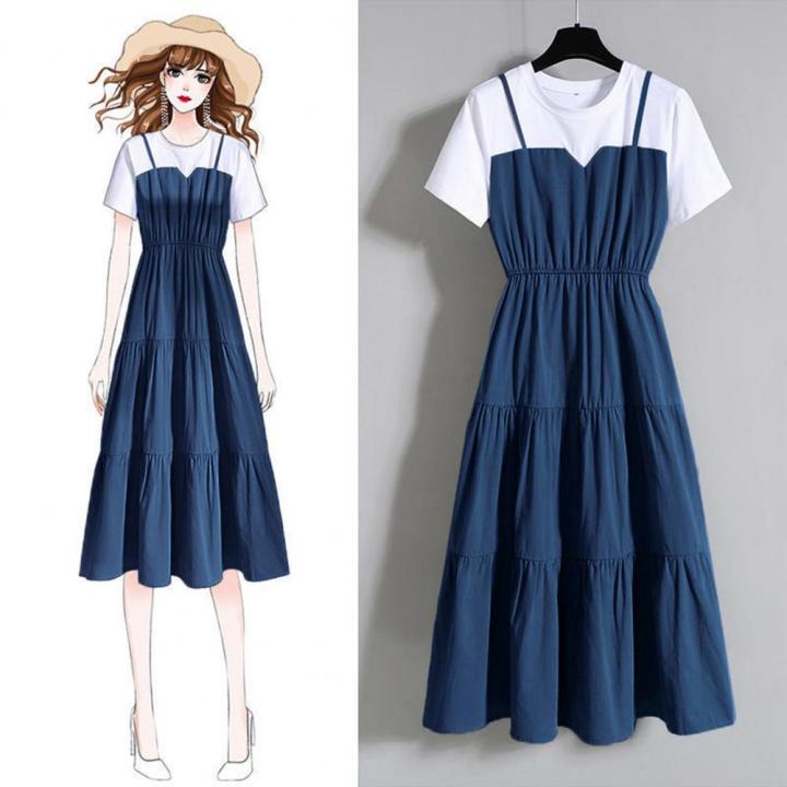 2024%20Fashion%20Strap%20Fake%20Two%20piece%20Dress%20Block%20Summer%20Short%20sleeved%20Dress%20Women's%20Waist%20Tight%20Dress%20-%20Image%206
