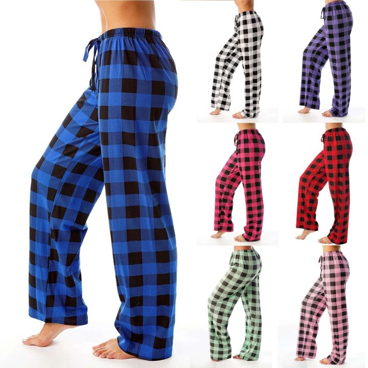 2024 New Sleep Pants Women Plaid Pattern High Elasticity Wide Legs Loose Ladies Pajama Pant Trousers Wear-Resistant For Home