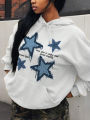 Retro Blue Star Printed Women Hoodie Casual Multicolor Hoody Vintage Loose Y2K Hoodies Comfortable Fleece Woman Clothing. 