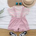 Summer fashion striped romper pants and short-sleeved shorts set for female infants and toddlers. 