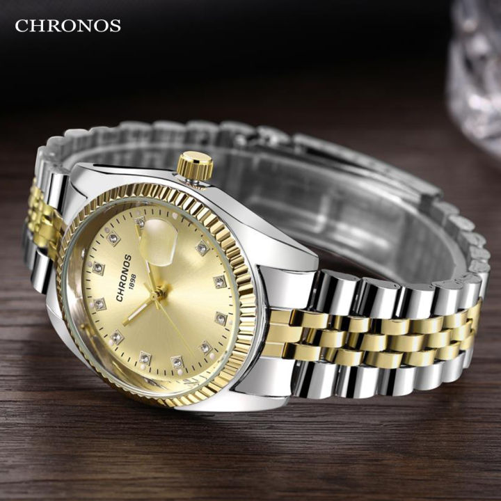 CHRONOS Men Luxury Rhinestone Watch Gold Waterproof Stainless Steel Bracelet Calendar Wrist Watch Male Two Tone Business Clock